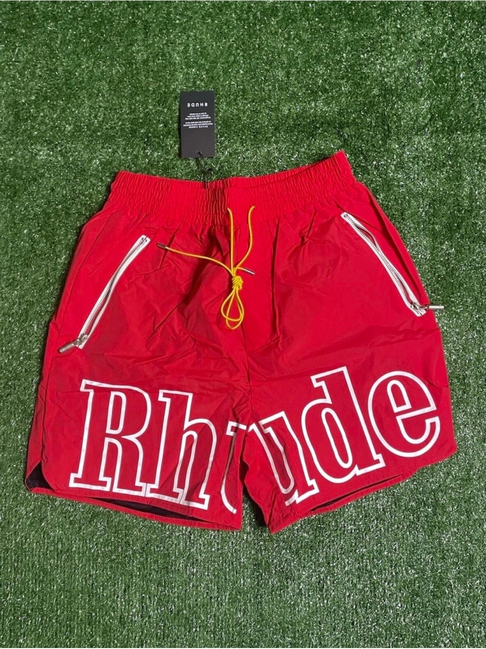 Rhude Red Swim Shorts with White Logo and Yellow Drawstring